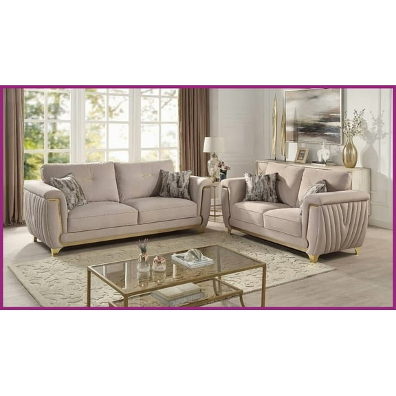 Leena Contemporary Beige Upholstered 2PC Living Room Set with Gold Accents & Solid Wood Frame