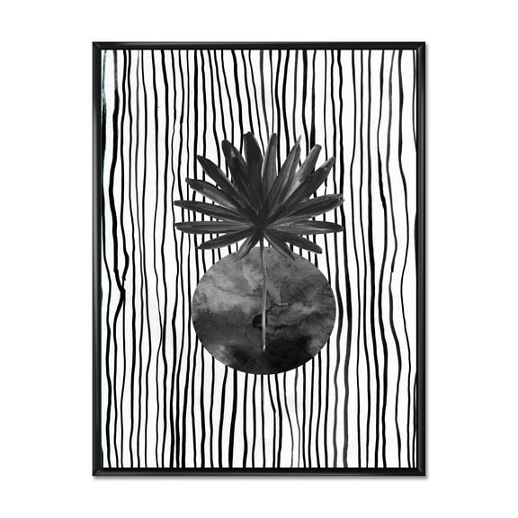 Designart 'Black and White Striped Under Tropical Leaf I' Modern Framed Canvas Wall Art Print