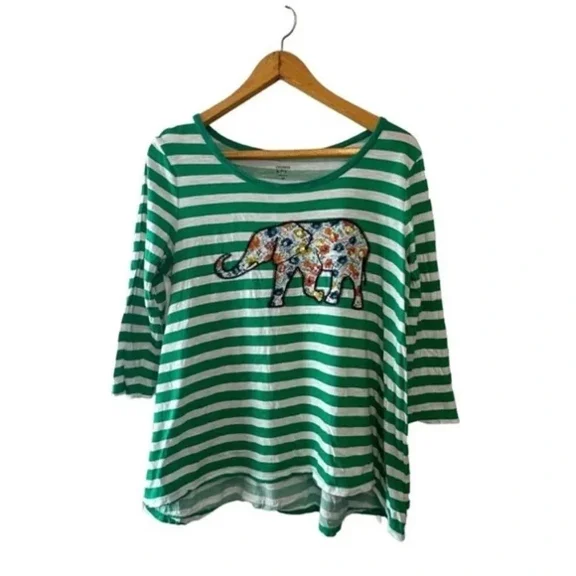 Crown & Ivy Hor Stripe Green/White Embellished Elephant 3/4 Sleeve Shirt M NEW