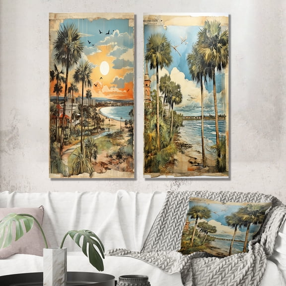 Designart "Vintage Florida Collage Palm Trees and Beach Scenes III" Florida Wall Art Set Of 2 - Modern Green Wall Decor Set Of 2