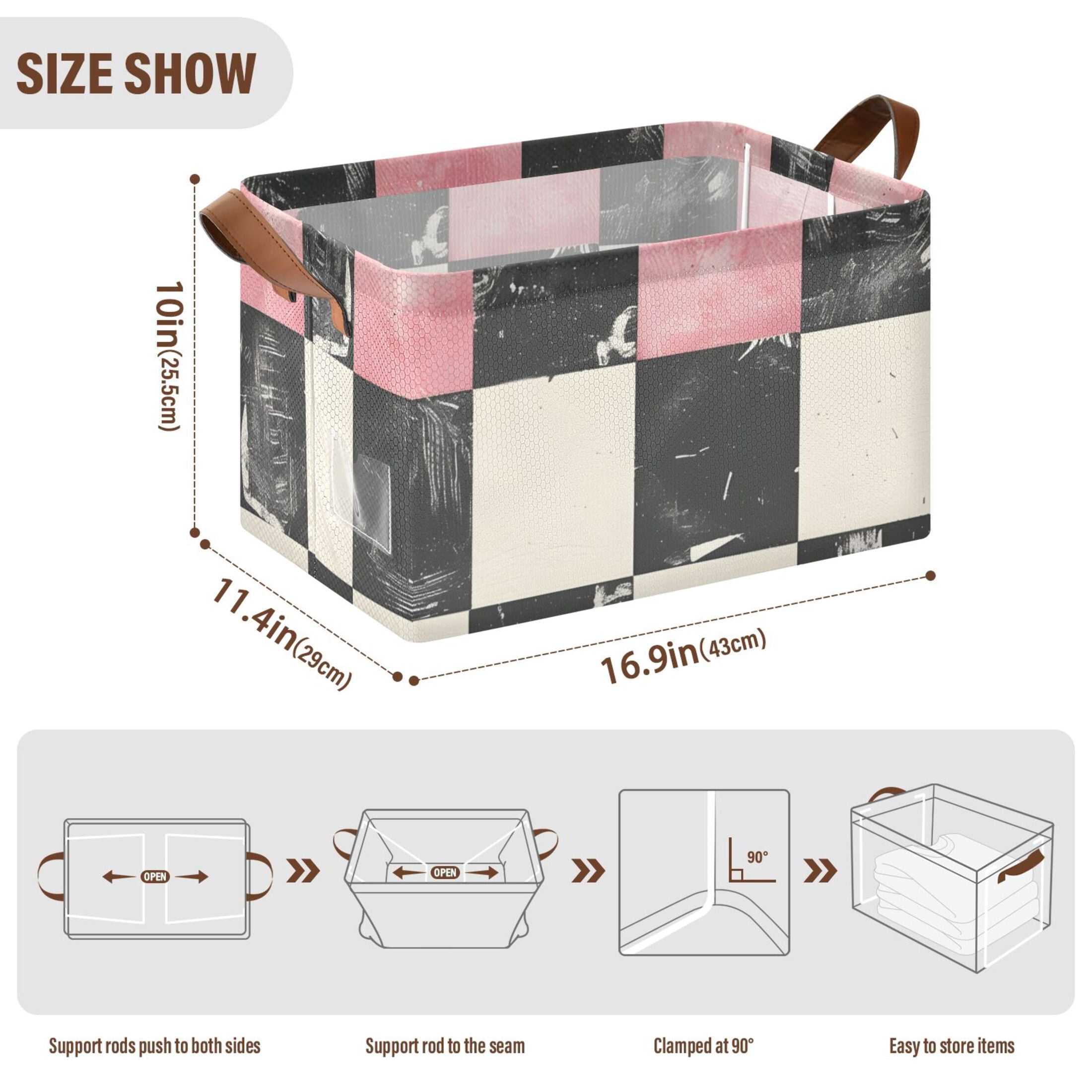 Ryvnso Pink and Black Checkered Pattern Storage Bins Large Basket Foldable Cube Toys Organizer with Handles 2 PCs