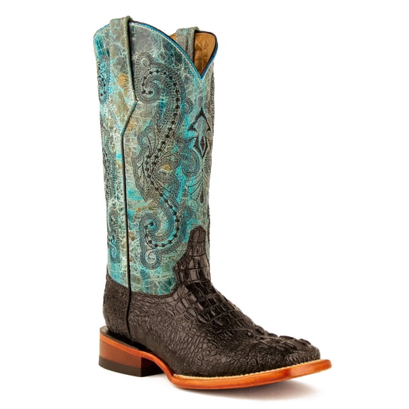 FERRINI Women's Stampede Caiman Print Square Toe Western Boots, Color: Black/Teal, Size: 11-B