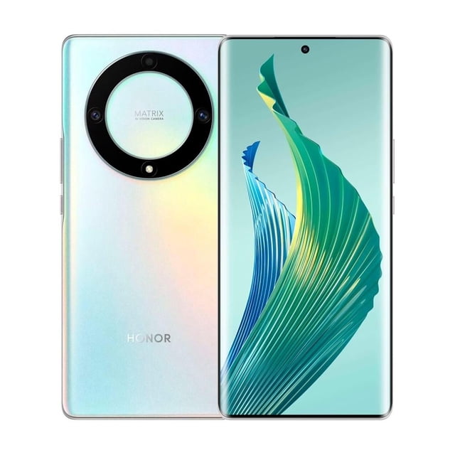 smartphone honor magic 5 lite 5g 6gb ram 128gb rom plata centered front-and-back view showing 6.67" AMOLED display with punch-hole front camera and green wave wallpaper; rear silver gradient finish with circular triple-camera module labeled MATRIX, HONOR logo, slim rectangular silhouette and side buttons. Suitable for media playback and travel use.