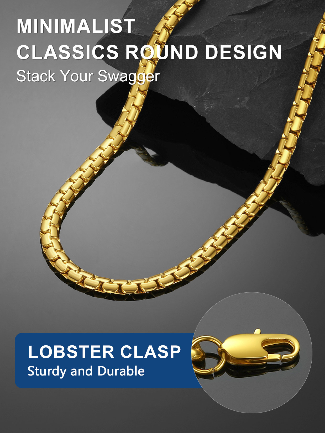 ChainsProMax Gold Plated Flat Box Chain for Men Necklace Stainless Steel 24inch 8mm Hip Hop Jewelry Fathers Day Gift for Dad Son