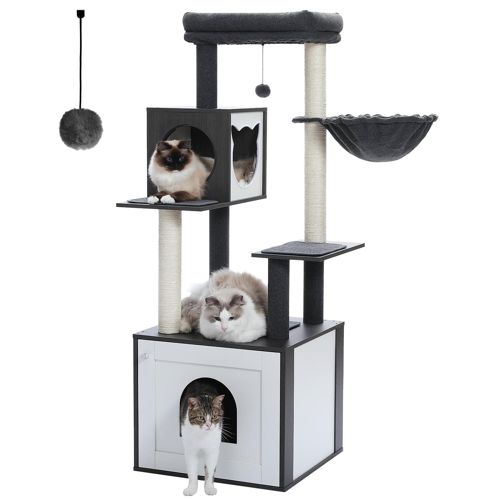 Pefilos 56" Modern Wood Cat Tree for Indoor with Litter Box Enclosure and Cat Condo, Large Cat Tree Tower, Black