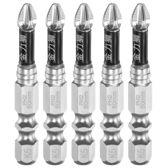 5pcs #2 Punta de Destornillador Phillips Antideslizante de Impacto PH2 Vástago Hexagonal de 1/4" 2" (50mm) Puntas de Taladro de Cabeza Cruzada Magnetizadas de Acero S2 Cromado Herramientas Eléctricas