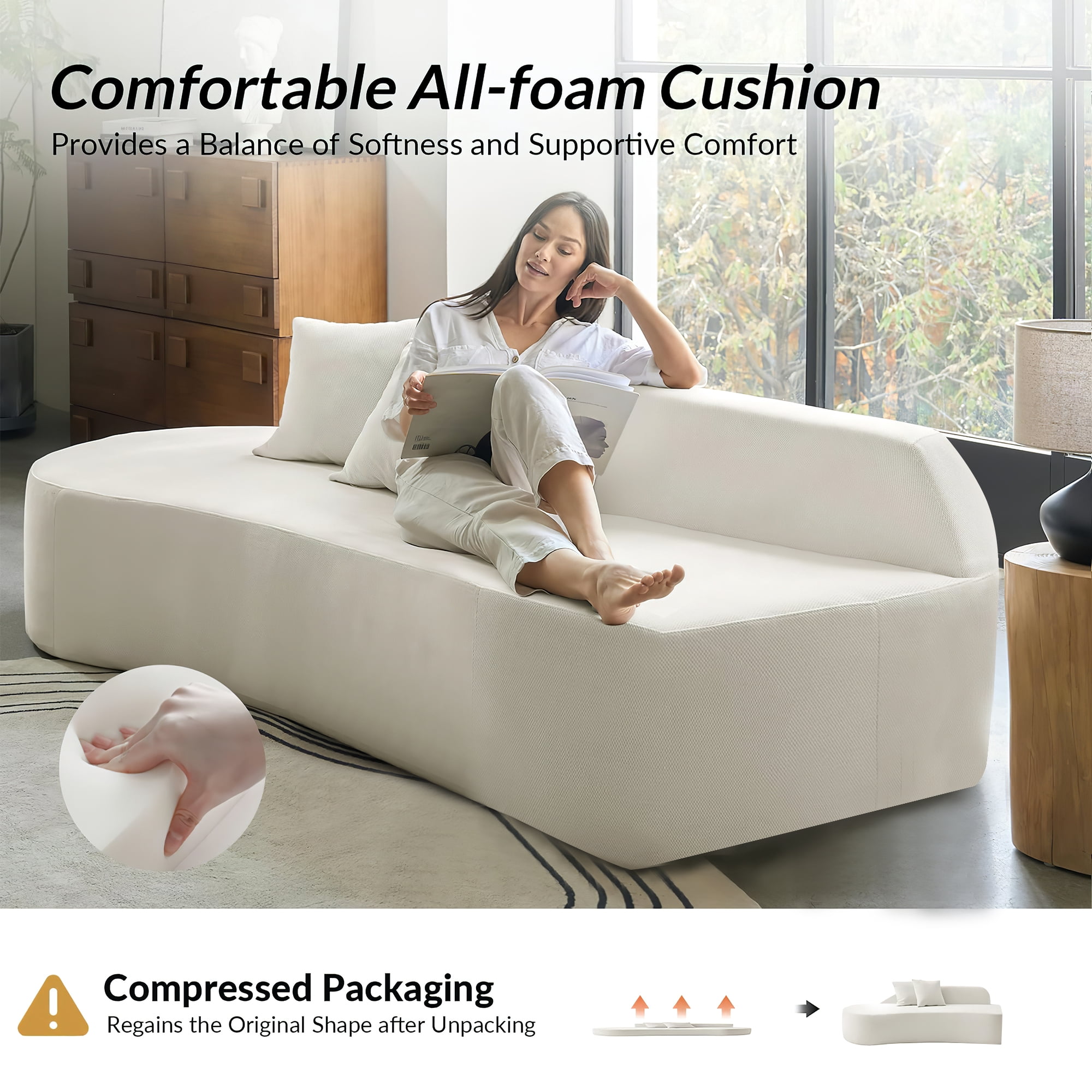 Aukfa Curved Couch Minimalist Style Comfy Sofa for Living Room, Compressed Couch, Chenille, Beige