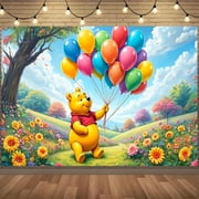 Winnie the Pooh Birthday Banner - Vibrant Polyester Backdrop with Balloons & Flowers, Perfect for Outdoor Parties, Holiday Decorations, and Photo Shoots, Birthday Party Decorations