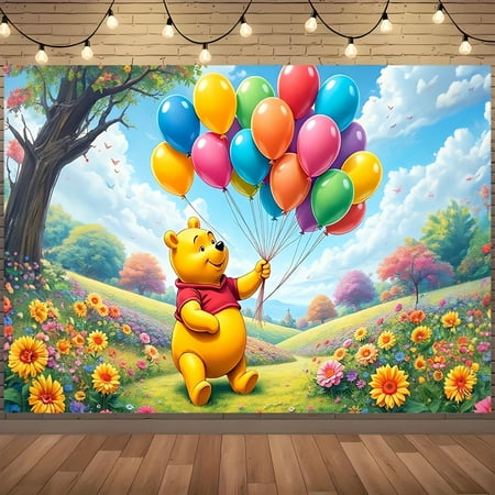 Winnie the Pooh Birthday Banner - Vibrant Polyester Backdrop with Balloons & Flowers, Perfect for Outdoor Parties, Holiday Decorations, and Photo Shoots, Birthday Party Decorations