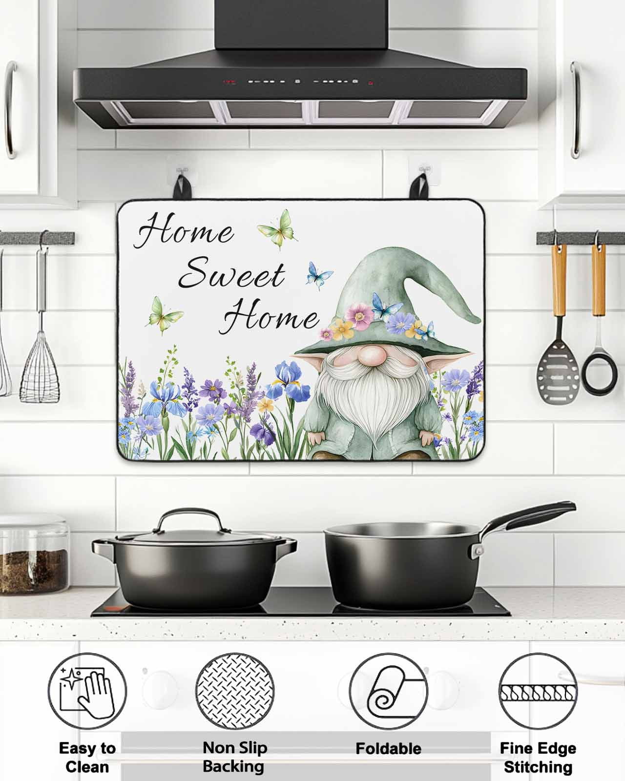Stove Top Covers for Electric Stove 24x21 Inches, Spring Gnomes Heat Insulation Fireproof Glass Cooktop Protector, Watercolor Botanical Floral Buffalo Plaid Countertop Stovetop Cover for Kitchen