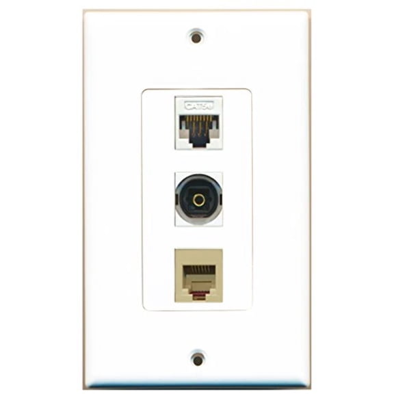 RiteAV - 1 Port Phone RJ11 RJ12 Beige and 1 Port Toslink and 1 Port Cat5e Ethernet White Decorative Wall Plate Decorative
