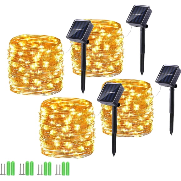 Solar String Lights Outdoor, 4 Pack Total 220ft 600 LED Solar Fairy Lights 8 Modes Waterproof Copper Wire Solar Powered Light for Patio Tree Garden Yard Weeding Party Xmas Decor (Warm White)