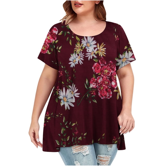 Birdeem Mode Décontractée pour Femmes Chemises Imprimées Manches Courtes Tee-Shirt Ample Grande Taille Col Rond Tunique Blouse
