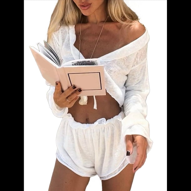 Conjunto de Pijama de 2 Piezas para Mujer: Top de Larga con Cordones y Pantalones Cortos, Ropa de Dormir Y2K, Conjuntos de Estar por Casa. L