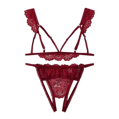 

MIARHB Crotchless Women V Neck Hollow Bra +Thong Lingerie Set Underwear S 2XL Lingerie Babydoll Lace Teddy
