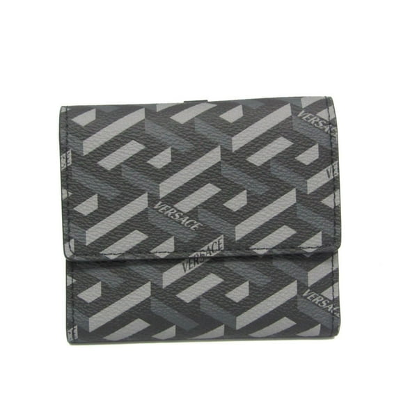 Pre-Owned Versace La Greca Women,Men PVC,Leather Wallet (tri-fold) Black,Gray (Good)