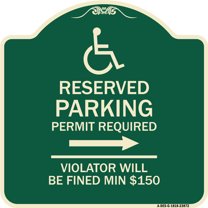 SignMission Designer Series Sign - Modern Isa Symbol) Connecticut Reserved Parking Permit Required Violators Will Be Fined Min $150 (With Right Arrow) | Green & Tan 18" X 18"