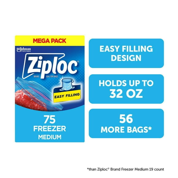 Ziploc Freezer Bags, Seal Top, 75 Bags