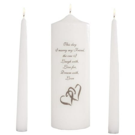 Celebration Candles Wedding Unity Candle Set, with 9-inch Pillar with Double Heart Motif and This Day I Marry My Friend Verse, with 10-inch Taper Candles, White