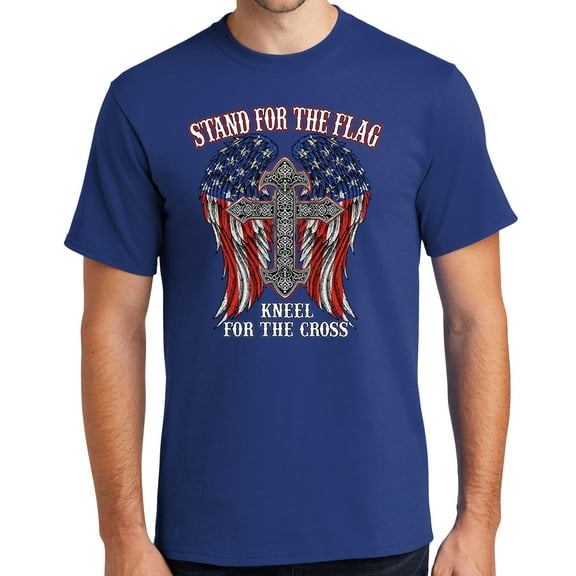 Mens Kneel for the Cross, Stand for the Flag Tee Shirt, Small Deep Marine Blue