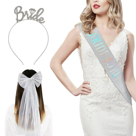 FGY Bachelorette Party Decoration Kit Bride-to-Be Sash, Bow Bridal Veil, and "Bride" Tiara Included (Silver)