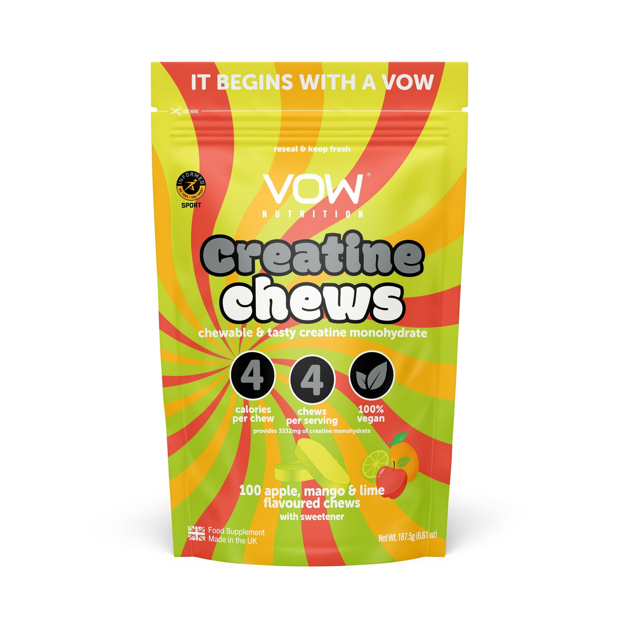 VOW Nutrition Creatine Chews, Apple, Mango and Lime, 100 Count