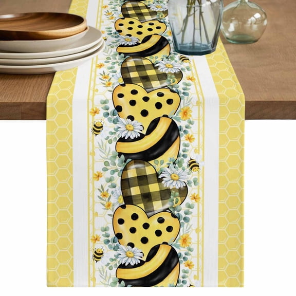 Table Runner 72 Inches Long for Kitchen Dining, Bee Daisy Dresser Scarf Farmhouse, Dining Table Decorations for Wedding/Parties, Botanical Eucalyptus Leaves Spring Love Yellow 16 x 72 In