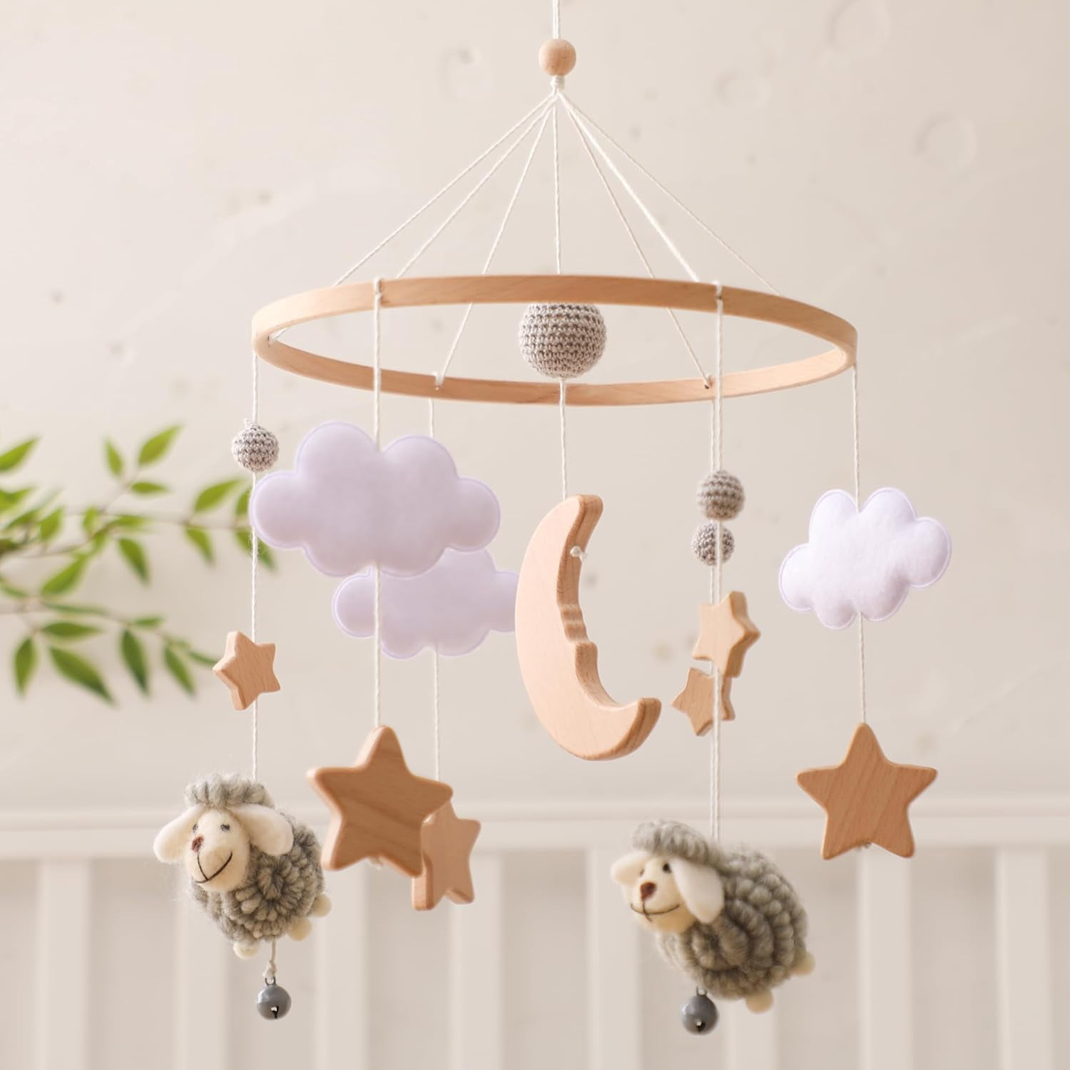 Wooden Baby Crib Mobile – Montessori-Inspired Nursery Decor with Soft Neutral Tones, Handcrafted Hanging Toy for Newborns 0-6 Months, Calming Visual & Sound Stimulation Gift​