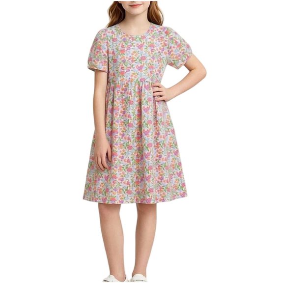 Bxsruta Girls Casual A Line Dress Short Sleeve Breathable Cotton Summer Dress for Kids Loose Fit Puff Sleeve Round Neck Pull on Dress for School Play Daily Wear Ages 5-15