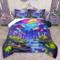 Homewish Purple Mushroom Queen Comforter Set,Natural Scenery Bedding Sets,Rustic Waterfall Bedding Comforter Set For Girls Kids,Super Cozy Room Decor Reversible,3-Piece