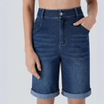 thumbnail image 5 of Yifymode Women's High Waisted Stretchy Bermuda Jean Shorts, Loose Straight Leg Rolled Hem Denim Shorts,Dark Blue S, 5 of 5
