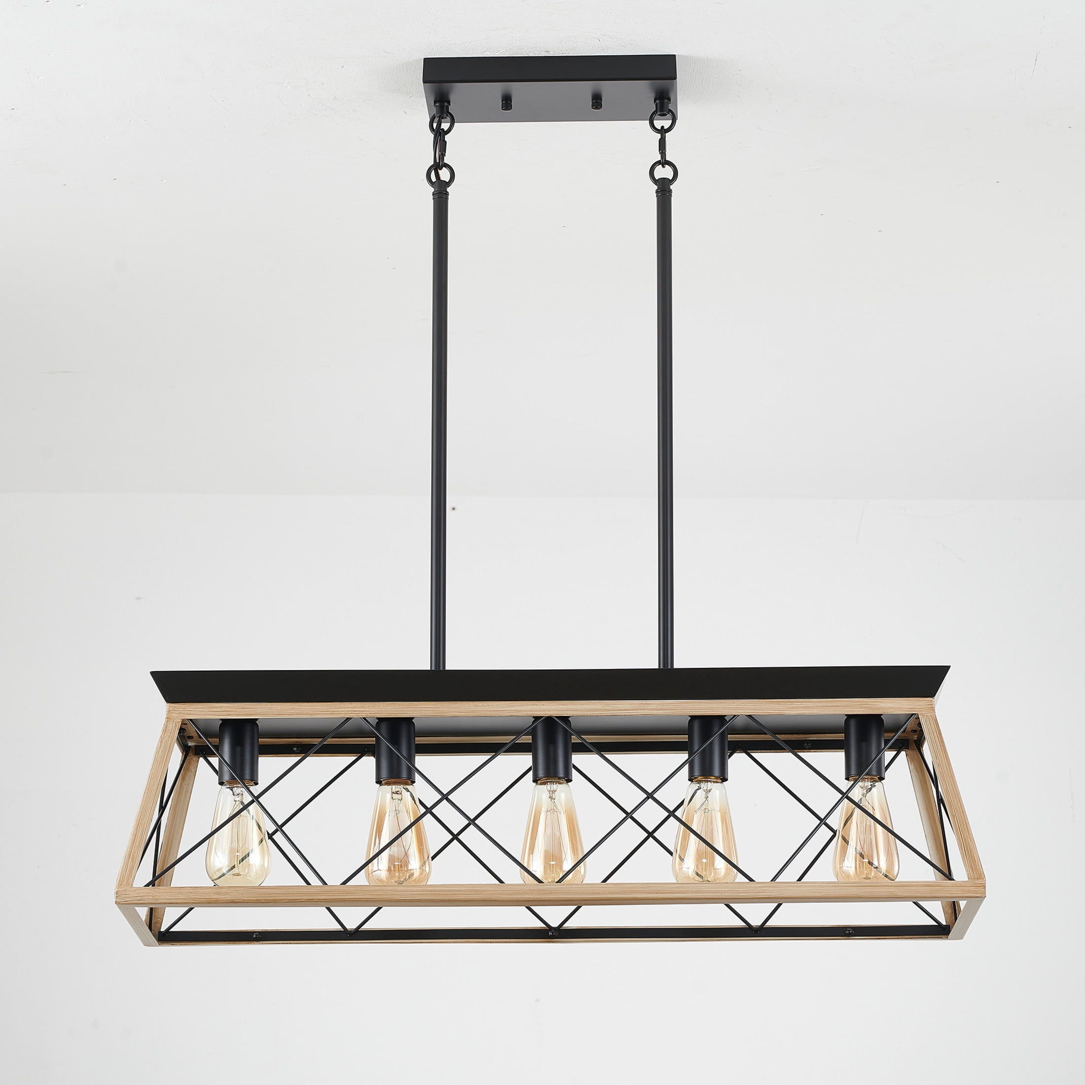 GDF Studio 5-Light E26 Farmhouse Chandelier, Rustic Kitchen Island Pendant Light with Adjustable Height, Natural Wood