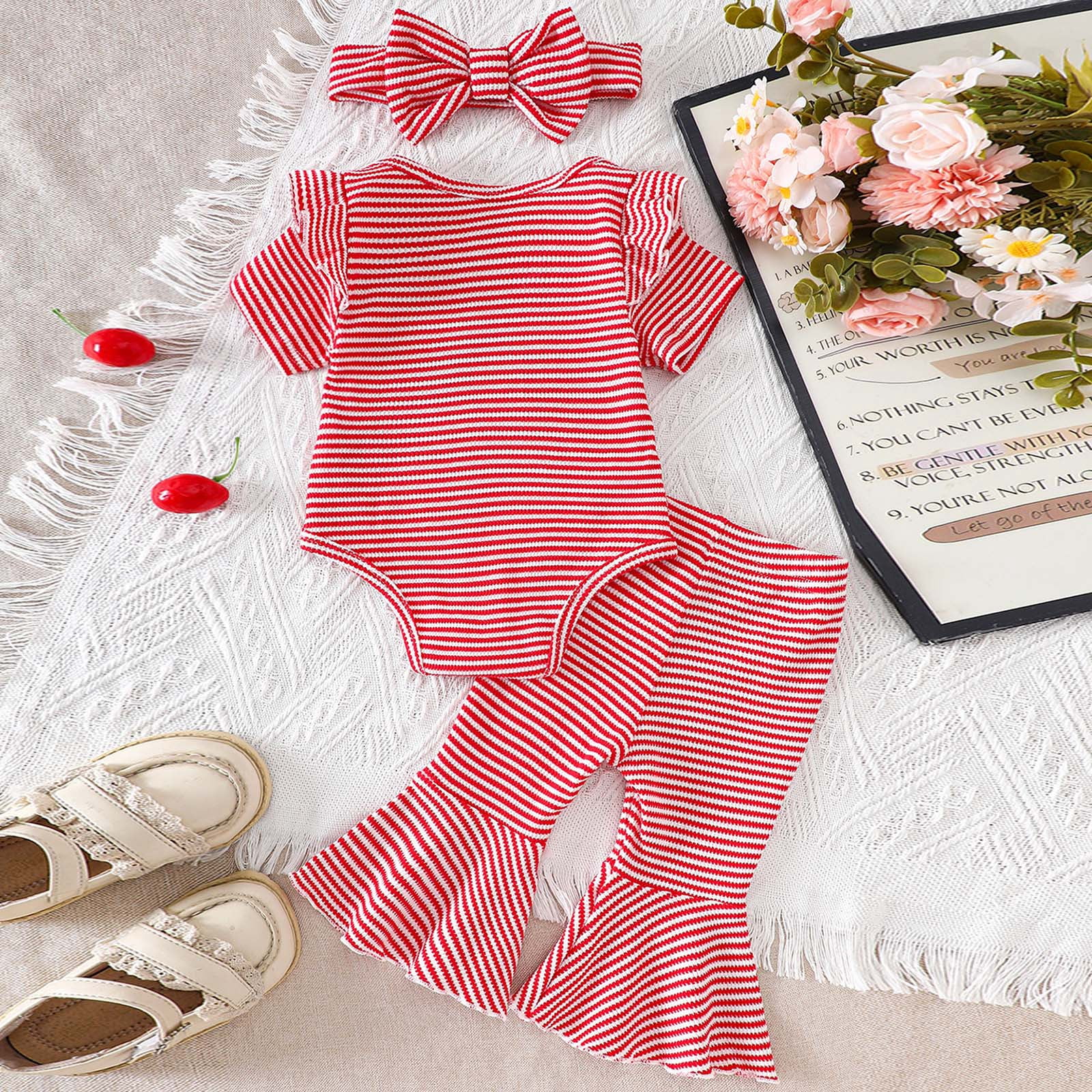 Faraee Summer Baby Girl Clothes Ruffle Short Sleeve Tops Romper Bell Bottom Flare Pants Set Infant Newborn Stripeds Cute Outfit 0 3 6 12 18 24 Months Red