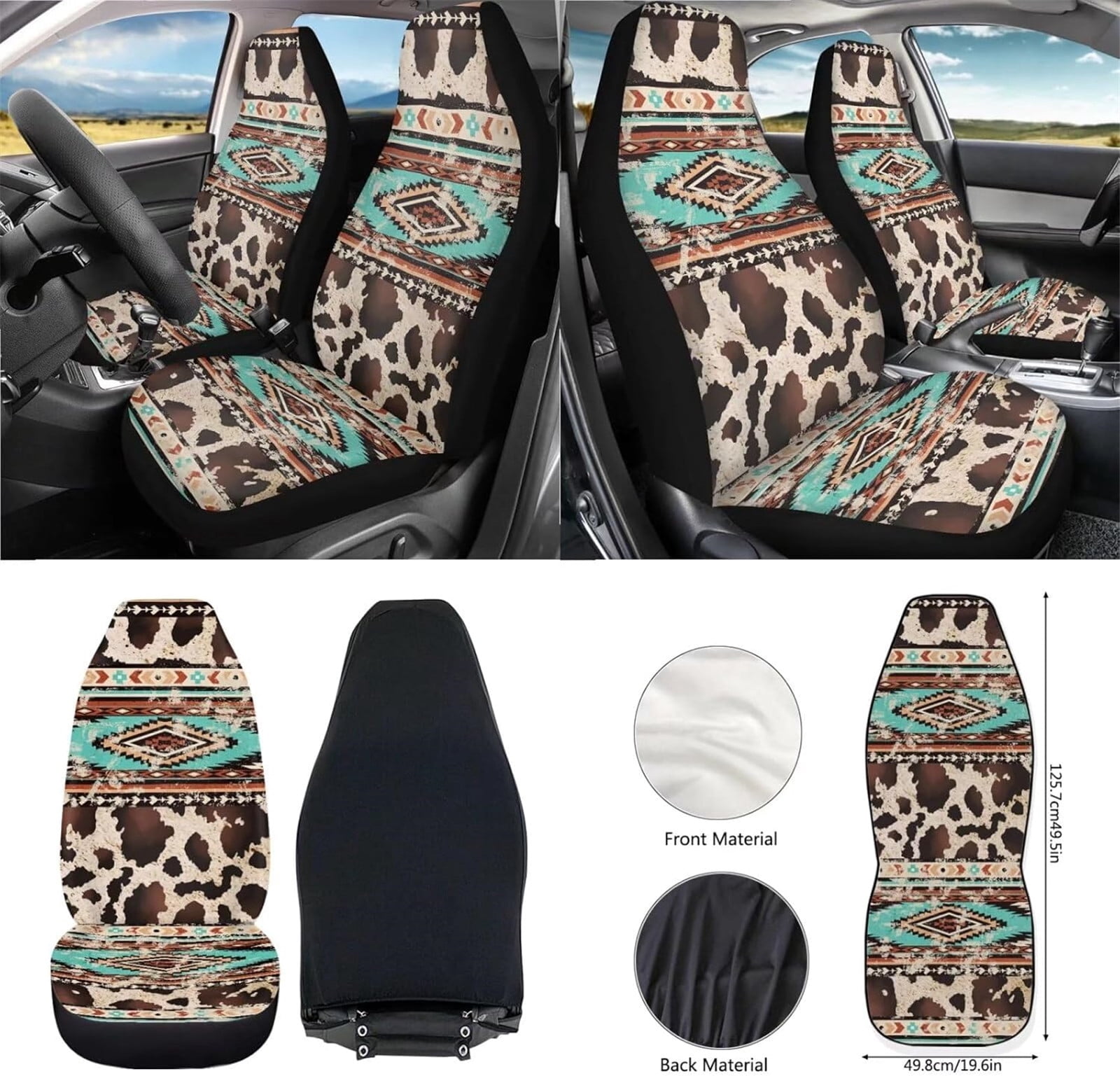 Yuyamidu Brown Cow Print Car Seat Cover Set of 12 Western Aztec Front Seat Covers Steering Wheel Cover Seatbelt Pads Armrest Cover Trash Can Air Vent Holder Rearview Mirror Cover Coasters Keychain
