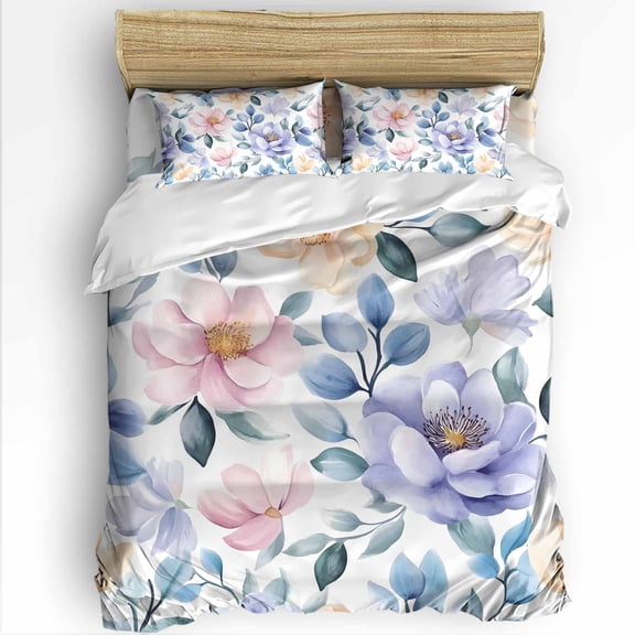 Blue Pink Flowers King Size Comforter Set, Spring Watercolor Floral Leaves Soft Bedding for All Seasons, 4 Pcs Bed Set with 1Comforter (90"x106") ,1 Sheet(94"x116"), 2 Pillowcases (19"x35")
