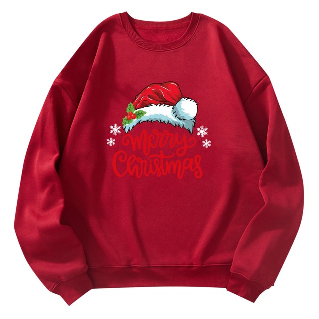 Bmisegm Lettre de Noël Joyeux Noël Mode Col Rond Pull pour Femmes Chemise à Manches Longues Pull Imprimé Chandails en Molleton Décontractés pour Femmes Rouge m