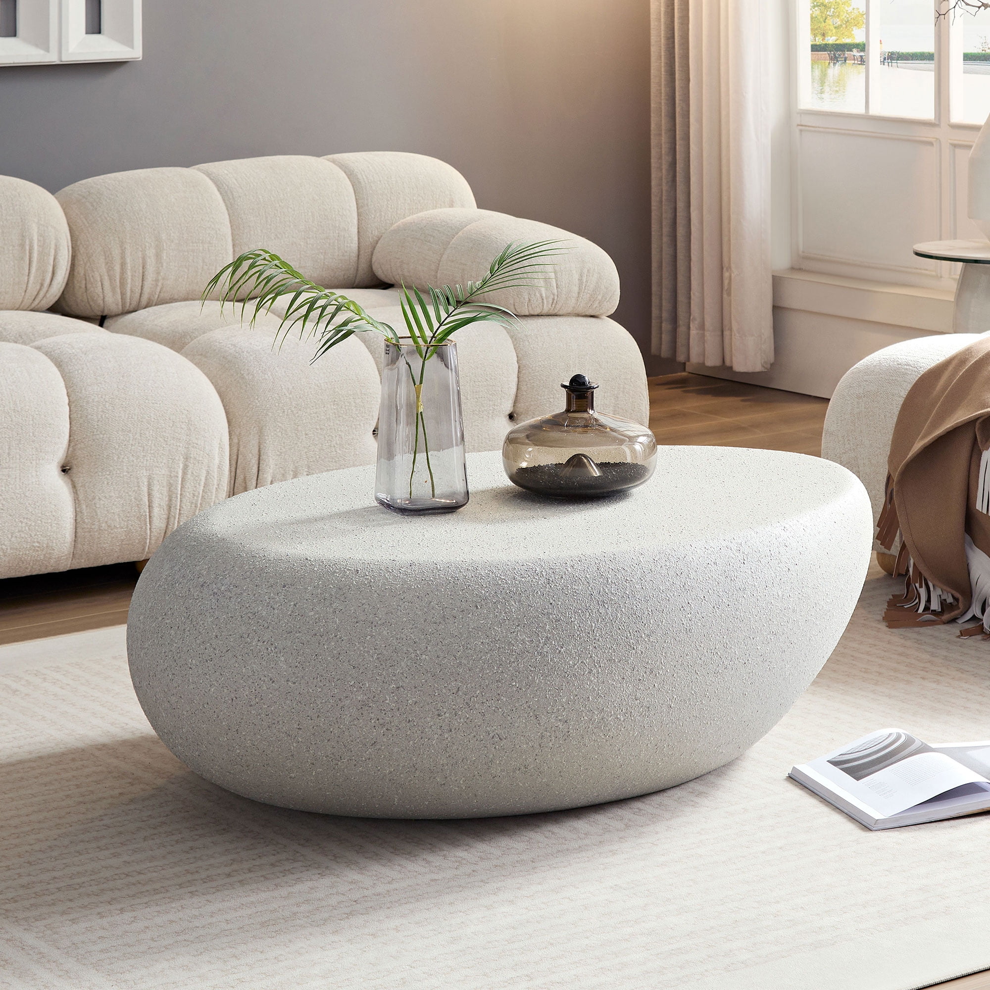 MAYEERTY 43.31'' Fiberglass Elliptical Coffee Table, Vintage Matte Rocks Sofa Side Table, No-Assembly Irregular Center Table for Living Room