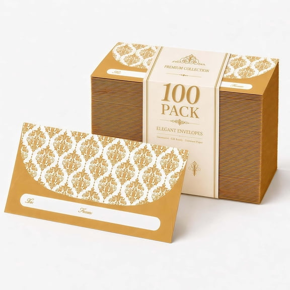 100 Pack Gold Money Envelopes for Cash Gifts, 7"x3" Fancy Decorative Holder, Self-Seal Adhesive, Durable 120gsm Paper, for Weddings Birthday Christmas Graduation