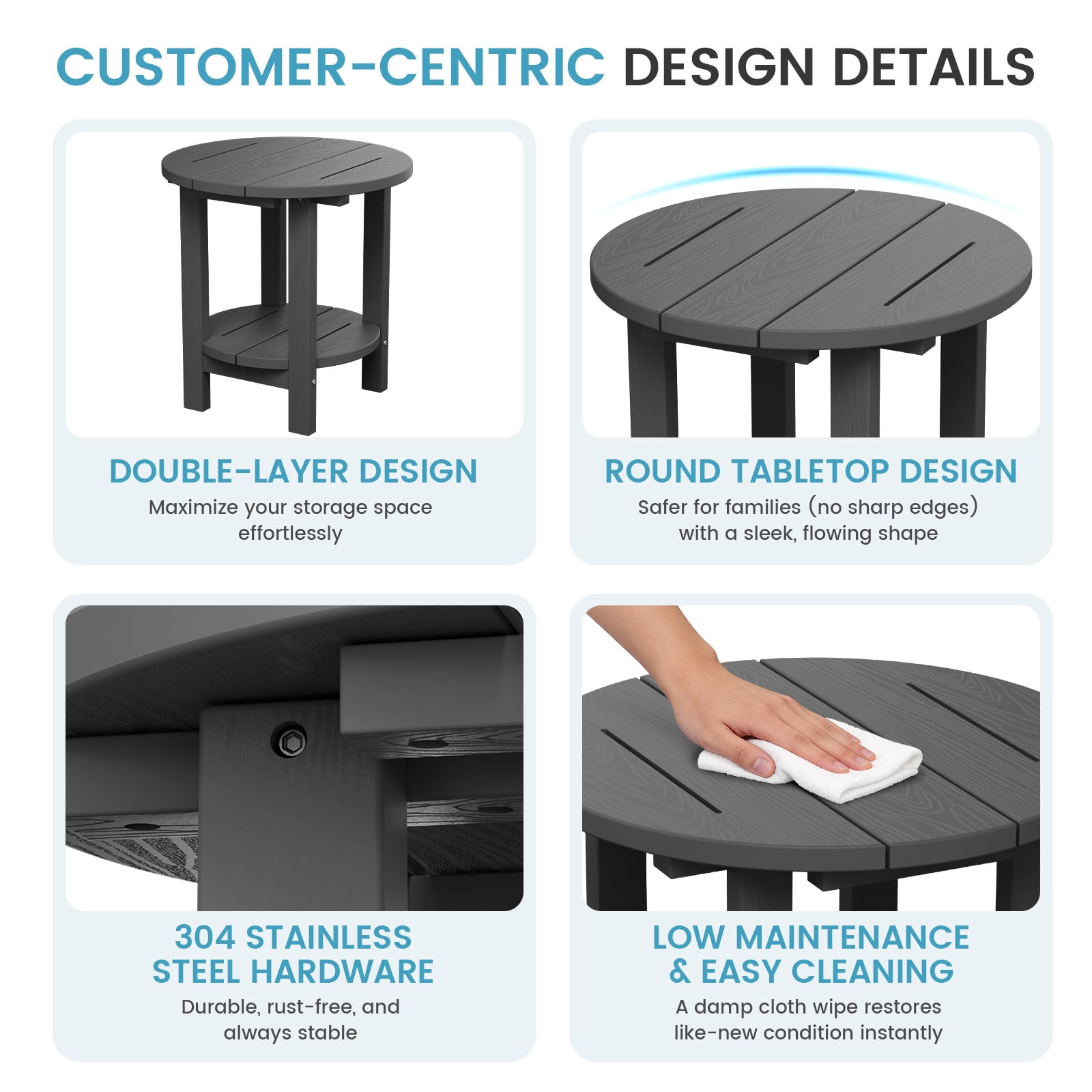 FUNDAZE 2-Tier Round HDPE Patio Side Table, End Tables For Living Room, Waterproof Indoor & Outdoor Small Table for Poolside, Garden, Gray