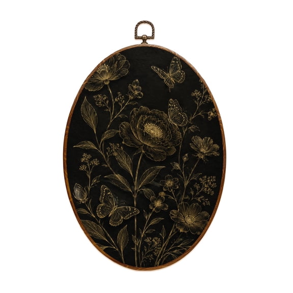 Canvas Wall Art Dark Floral Black Gold Leaf Bird Moody Vintage Flowers Butterflies Oval Framed Canvas Prints Vintage Wall Hanging Decor for Home Decorations 8.6"x11.4"