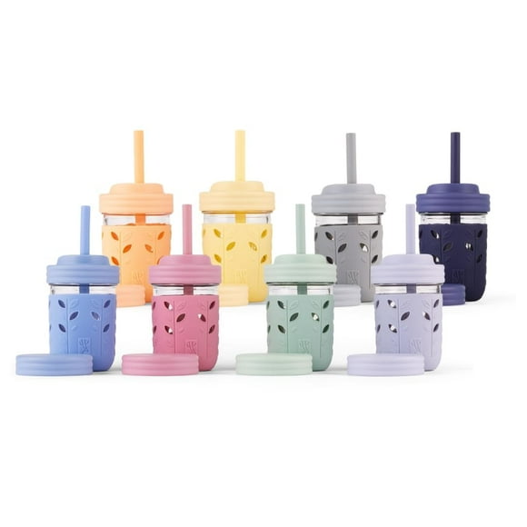 Elk and Friends Kids + Toddler Glass Cups | The Original 8oz Glass Mason Jar with Sleeves + Lids | Silicone Straws + Stopper | Smoothie Cup | Food St