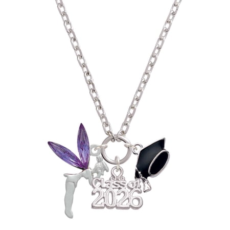Delight Jewelry Silver-tone Large Fairy with Purple Wings - Class of 2026 Graduation Zoey Charm Necklace, 28"
