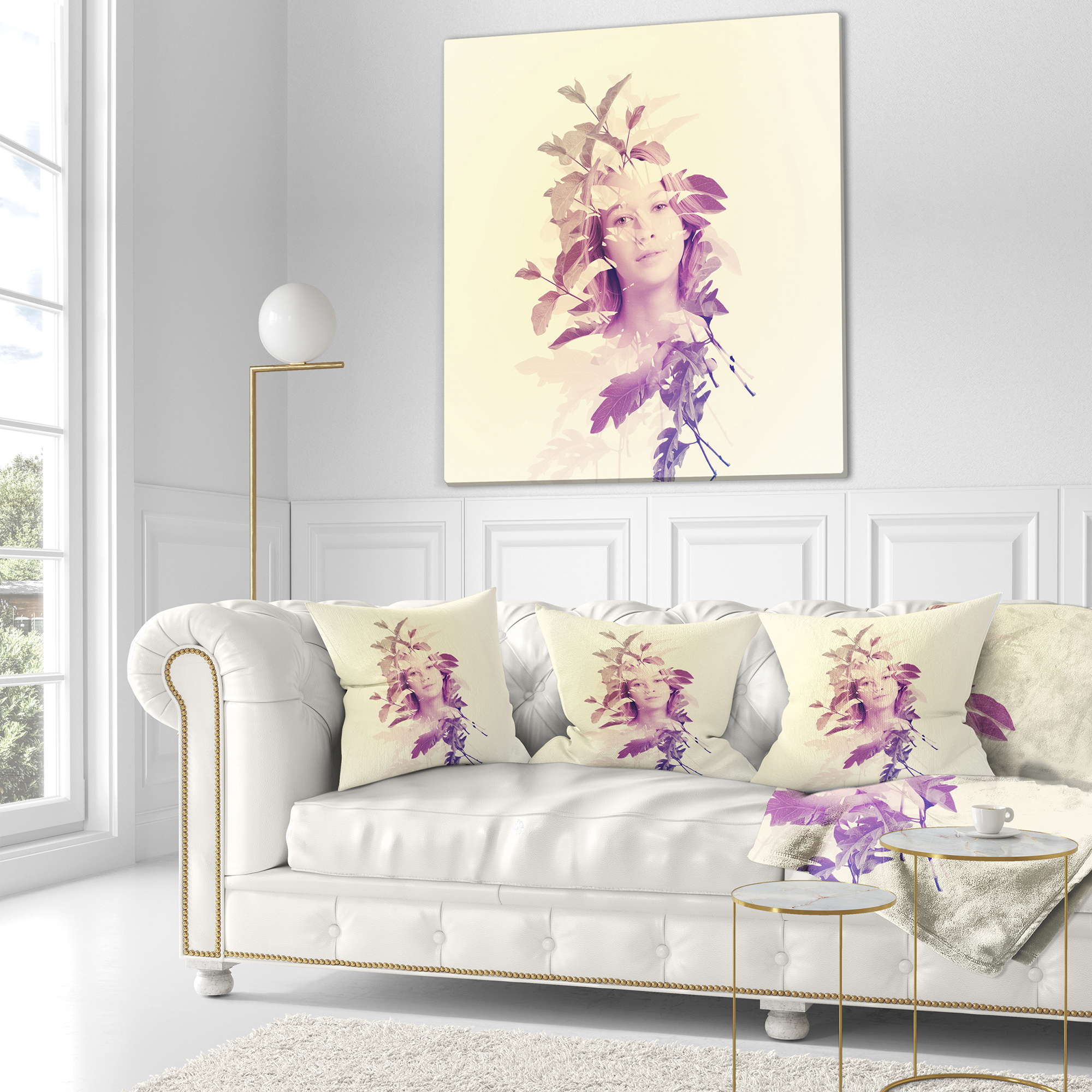 Designart Woman Portrait with Leaves - Portrait Throw Pillow - 16x16