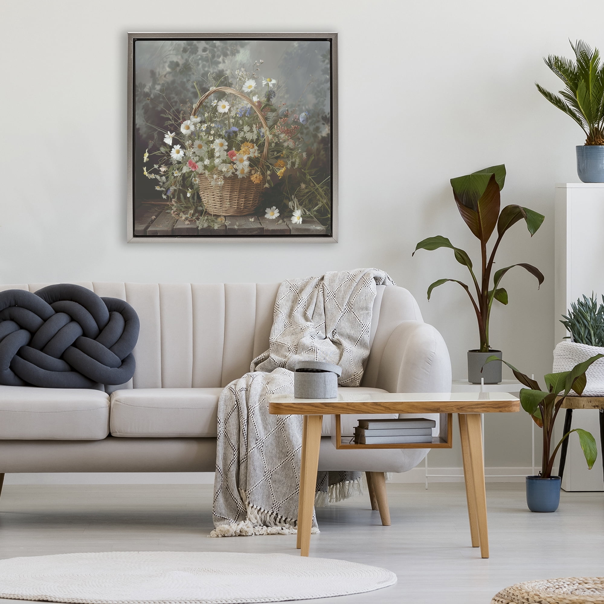 Stupell Industries Florals In A Basket Arrangement Gray Framed Floater Canvas Wall Art, design by Lazar Studio