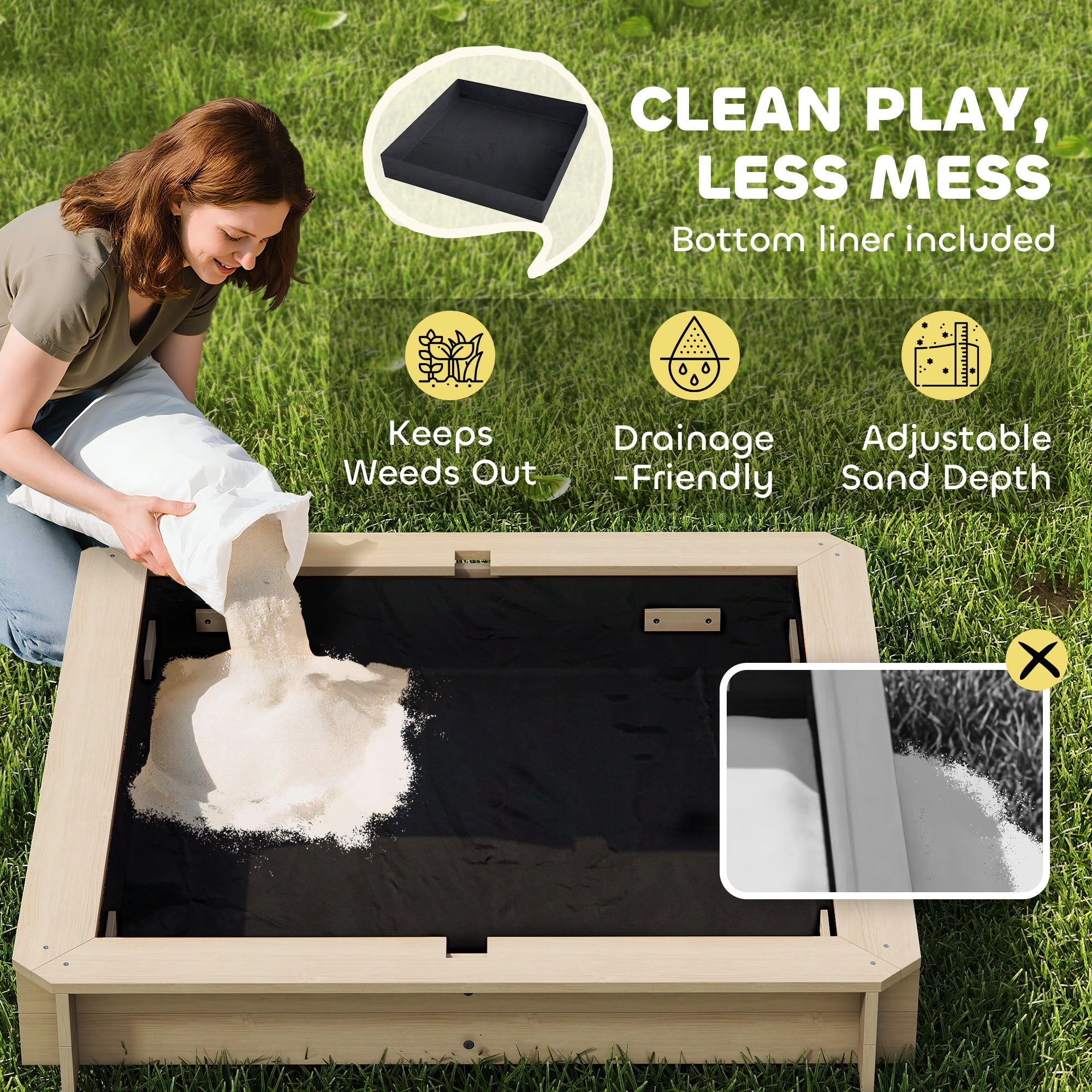 Wooden Kids Sandbox with Cover, Foldable Bench Seats & Adjustable Canopy, Children Outdoor Sand Box with Bottom Liner for Backyard Garden Play