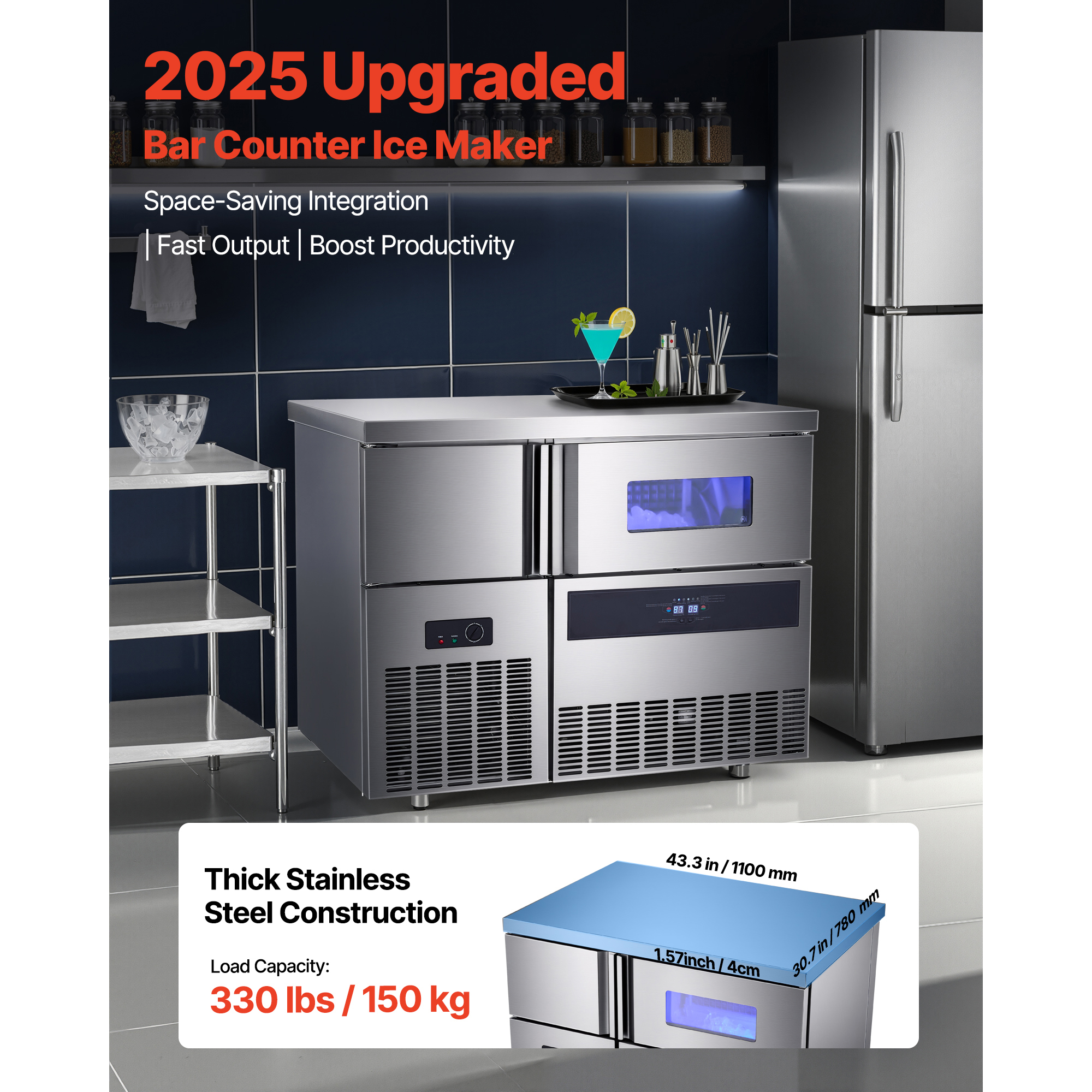 KFFKFF Commercial Ice Maker Machine, 330 lbs/24H Stainless Steel Ice Machine with Countertop, 88 lbs Storage & 144 Cubes per Cycle, Self-Cleaning Freestanding Ice Maker for Home, Bar, Office