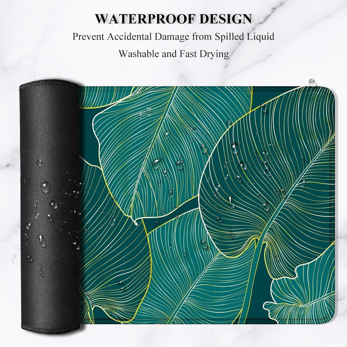 Desk Pad, XL Extended Large Gaming Mouse Pad 31.5 x 11.8 Inch, Waterproof Mousepad with Stitched Edge, Non-Slip Computer Keyboard Laptop Mat for Women Men Office Work, Teal Tropical Leaves