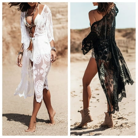 Women Bikini Dress See-through Lace Flower Embroidery Thin Short Sleeves Mid-calf Length Sunscreen Quick Dry Cardigan Lace Up Women Beach Cover Up Women Clothes