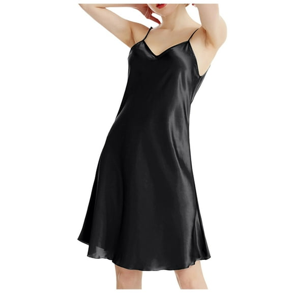 DuoJiaJ Women Nightgowns V Neck Breathable Night Dress With Satin Spaghetti Strap Chemise Slip Nightshirt Cotton Nightwear For Women Black