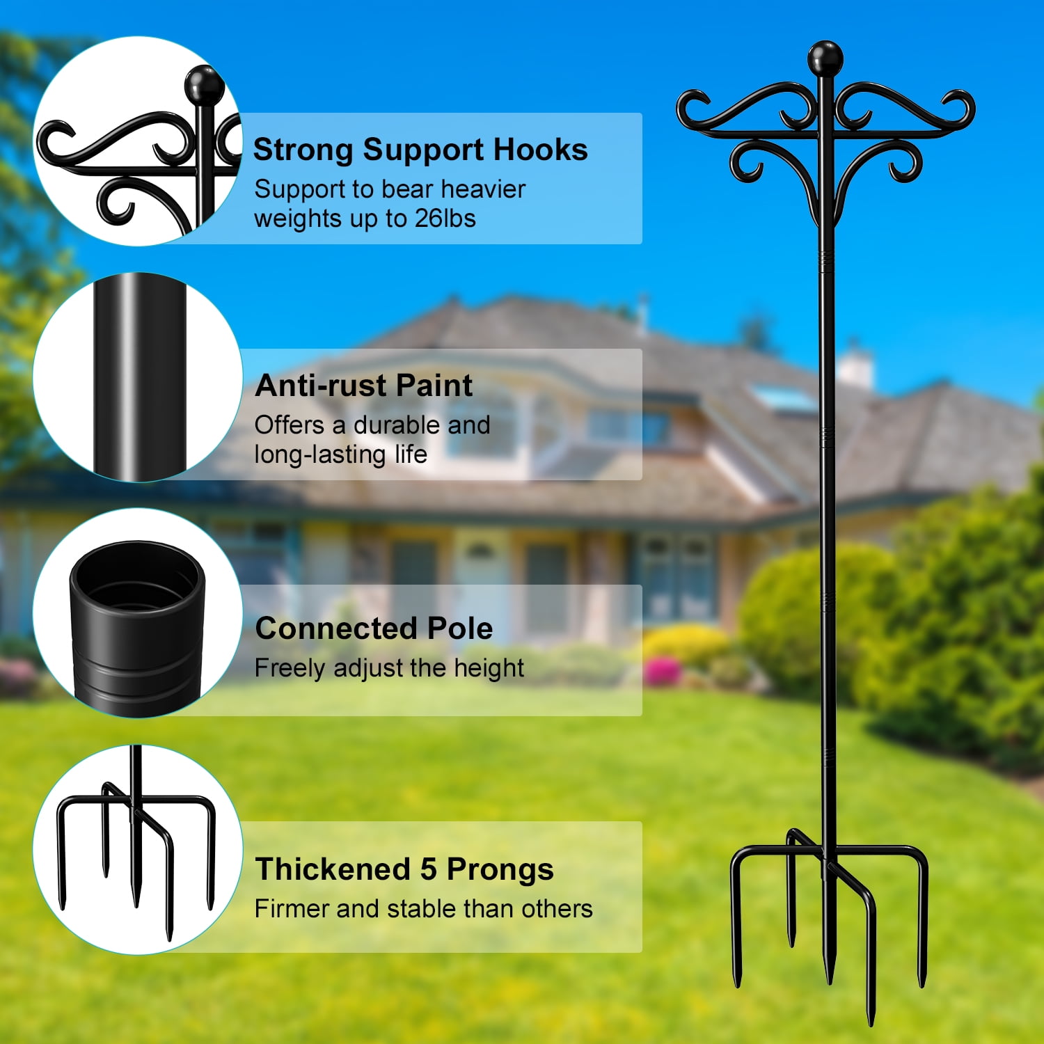 Shepherds Hooks for Outdoor, 76in Double Bird Feeder Poles with 5 Prongs (2 Pack)